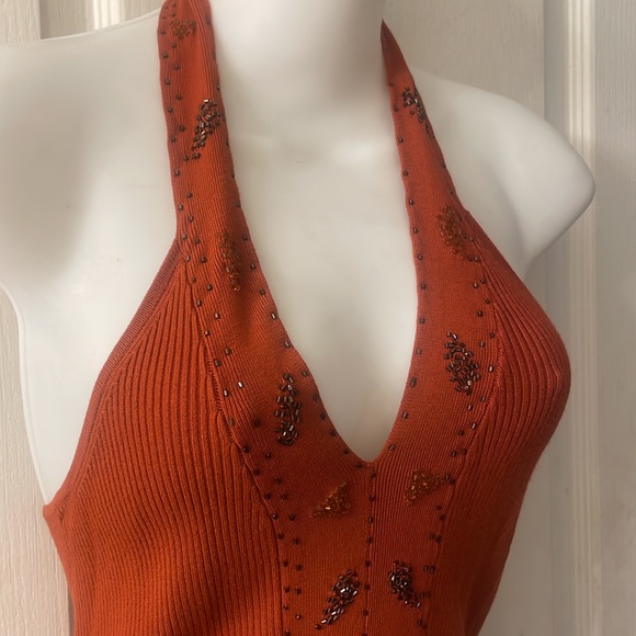 Burnt Orange Ribbed embellished beaded halter top size Large - Picture 4 of 9